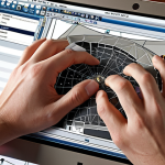 **Close-up of hands meticulously working on a CAD design on a computer screen, surrounded by engineering textbooks and notes, emphasizing precision and detail.** (Focuses on the precision aspect, CAD tools, and preparation.)