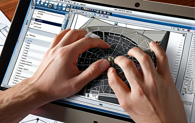 **Close-up of hands meticulously working on a CAD design on a computer screen, surrounded by engineering textbooks and notes, emphasizing precision and detail.** (Focuses on the precision aspect, CAD tools, and preparation.)