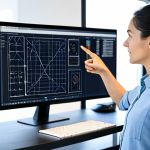A professional female mechanical engineer, fully clothed in a modest business casual outfit, stands confidently in a modern, well-lit design studio. She is pointing at a large monitor displaying complex 3D CAD models with integrated eco-design features and advanced Finite Element Method (FEM) simulation results. The background includes neatly organized technical blueprints and a collaborative workspace. Perfect anatomy, natural pose, well-formed hands, proper finger count, natural body proportions. Safe for work, appropriate content, fully clothed, professional, high quality, realistic photography.