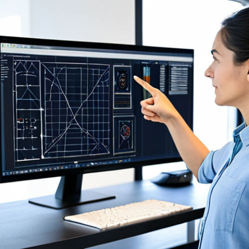 A professional female mechanical engineer, fully clothed in a modest business casual outfit, stands confidently in a modern, well-lit design studio. She is pointing at a large monitor displaying complex 3D CAD models with integrated eco-design features and advanced Finite Element Method (FEM) simulation results. The background includes neatly organized technical blueprints and a collaborative workspace. Perfect anatomy, natural pose, well-formed hands, proper finger count, natural body proportions. Safe for work, appropriate content, fully clothed, professional, high quality, realistic photography.