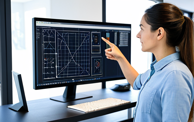 A professional female mechanical engineer, fully clothed in a modest business casual outfit, stands confidently in a modern, well-lit design studio. She is pointing at a large monitor displaying complex 3D CAD models with integrated eco-design features and advanced Finite Element Method (FEM) simulation results. The background includes neatly organized technical blueprints and a collaborative workspace. Perfect anatomy, natural pose, well-formed hands, proper finger count, natural body proportions. Safe for work, appropriate content, fully clothed, professional, high quality, realistic photography.